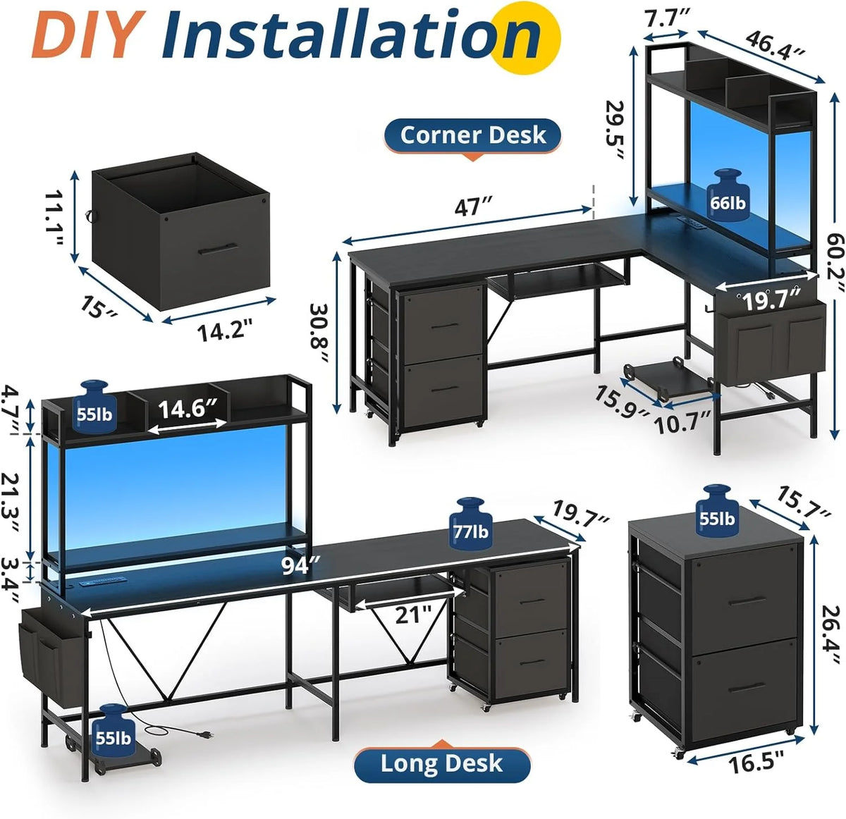 L Shaped Computer Desk with Power Outlet and LED Strip, Black S3306