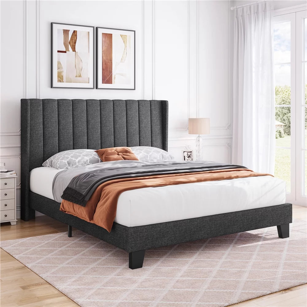 Queen Platform Bed with Upholstered Headboard, Navy Blue F9229