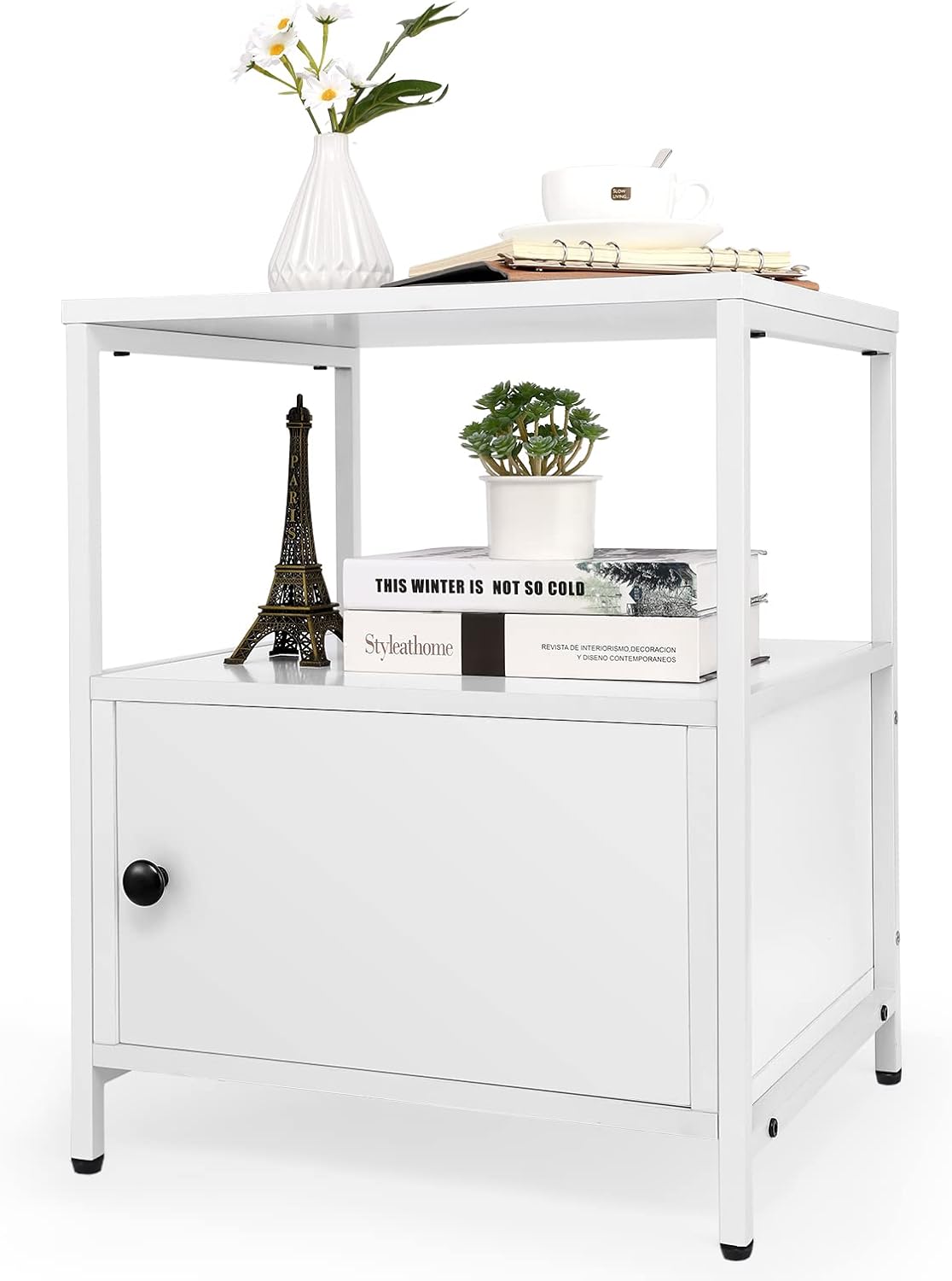 White Wooden Nightstand with Storage Cabinet and Open Shelf C597705