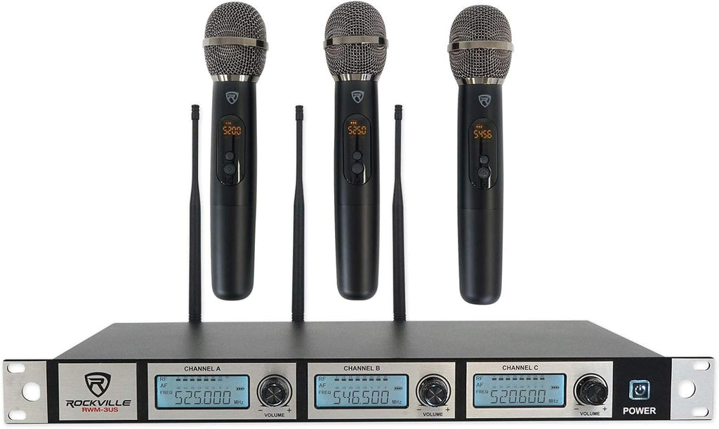 Triple Wireless UHF 3 Microphone System with Adjustable Frequency E38475