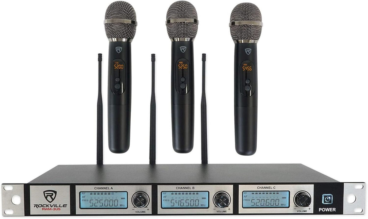 Triple Wireless UHF 3 Microphone System with Adjustable Frequency E38475