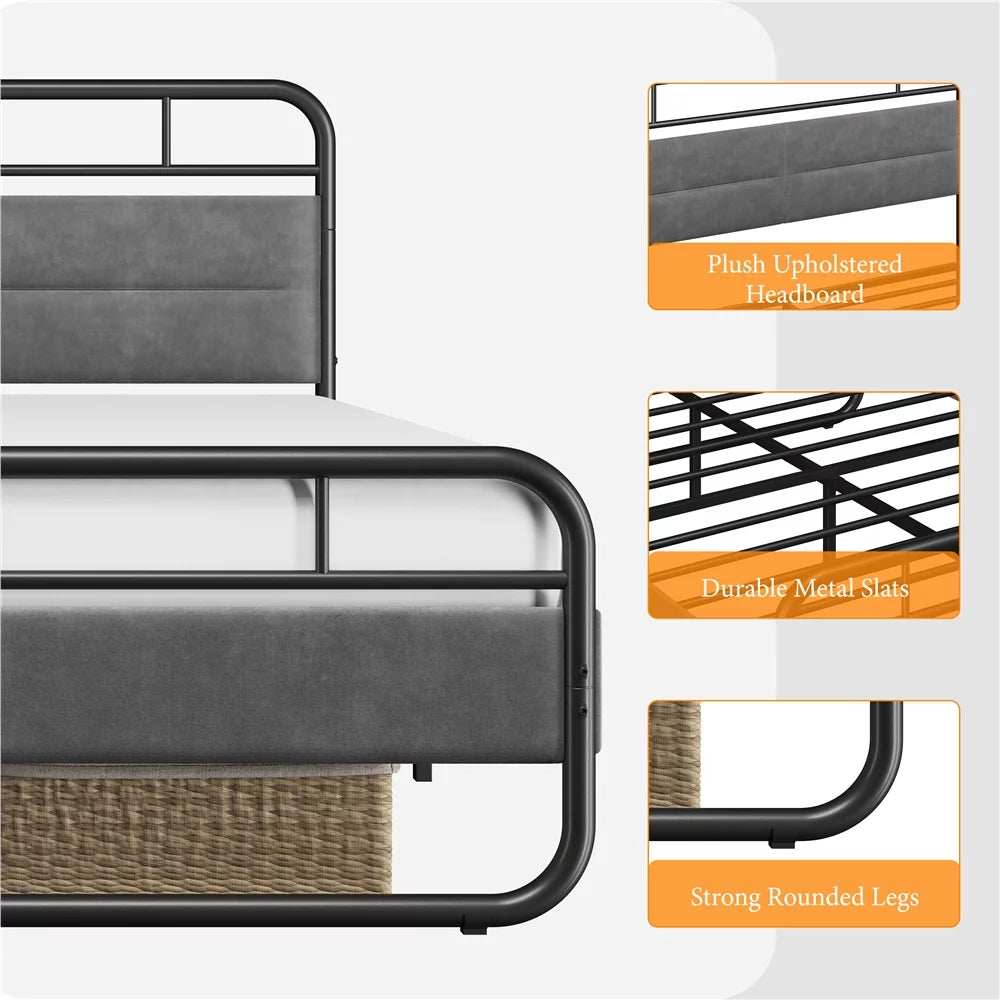 Queen Size Metal Platform Bed with Velvet Upholstered Headboard Dark Gray L603