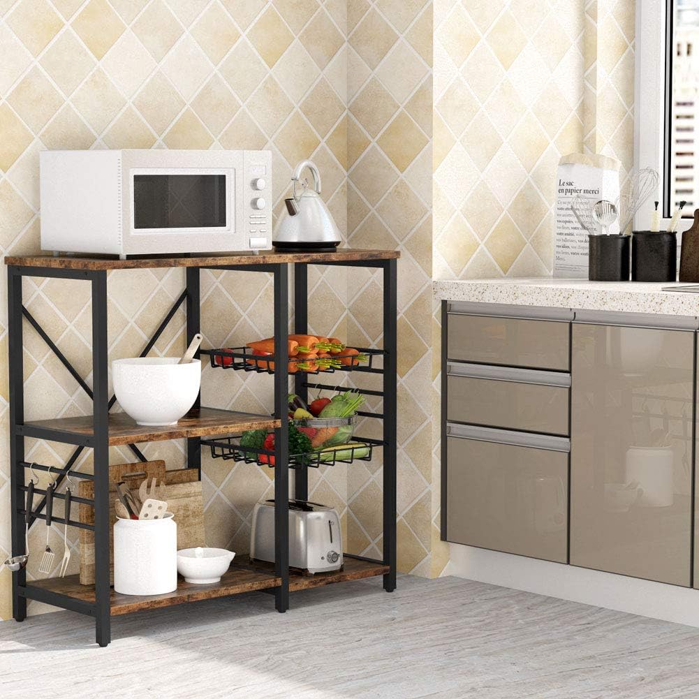 Kitchen Cart Baker’s Rack with Wire Basket and 6 Hooks I79651