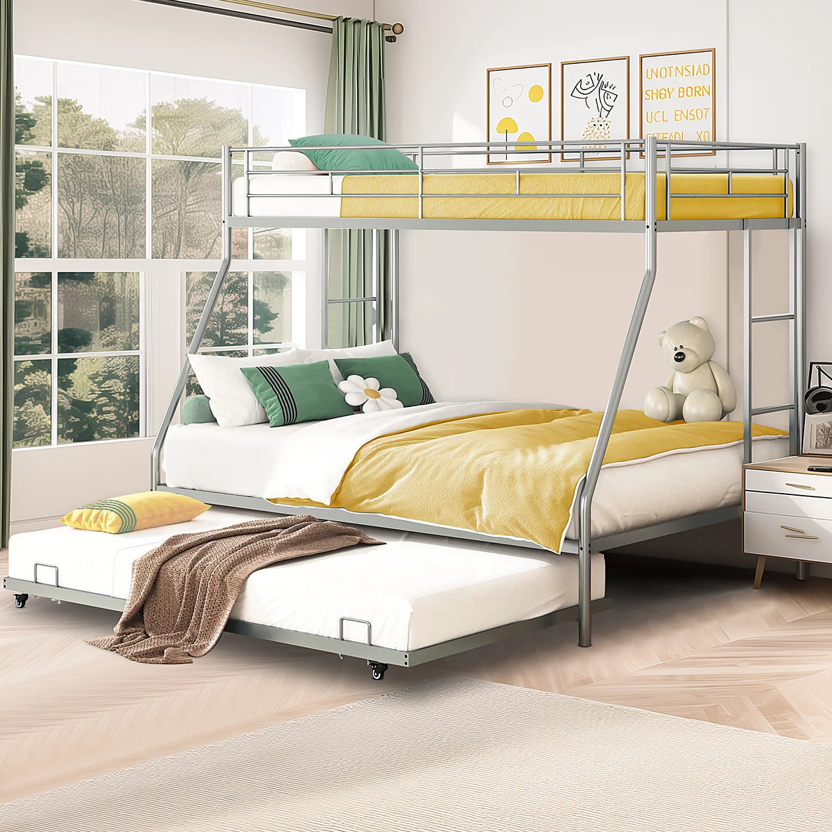 Silver Metal Twin Over Full Bunk Beds with Trundle N729