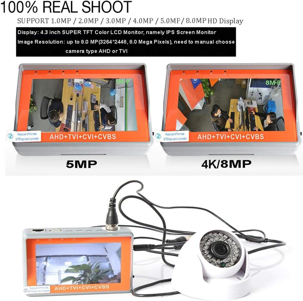 4 in 1 CCTV Tester for 1080P/3.0mp/4mp/5mp/8.0 Megapixel AHD, TVI, CVI, CVBS Analog Security Camera, 4.3 Inch IPS LCD Screen Video Monitor,12V 1A DC Out,PTZ/UTP Cable/Audio Tester Pack of 2 K1292