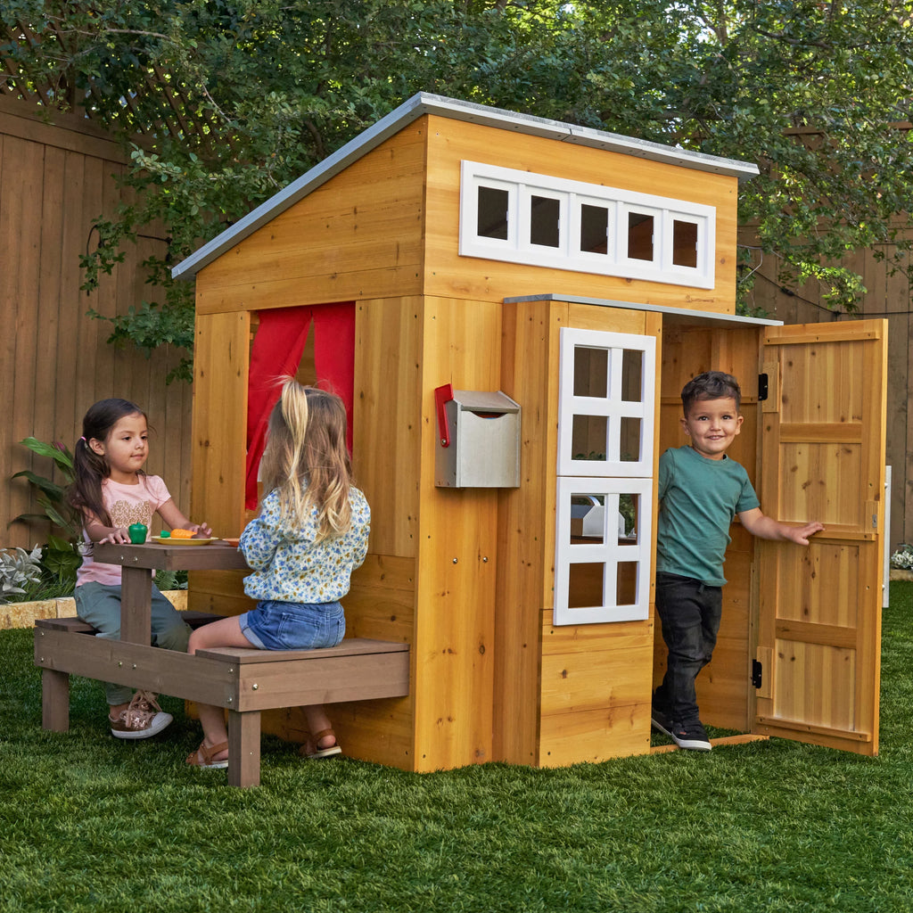 Modern Outdoor Wooden Playhouse with Picnic Table U371501