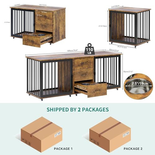 74" Wooden Double Dog Crate Furniture with 2 Feeder Bowls W123
