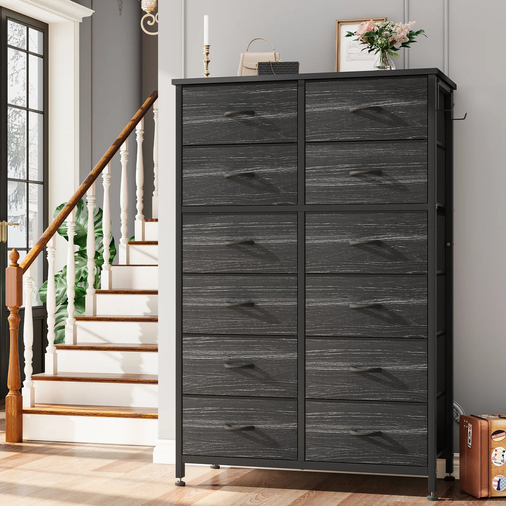 12 Drawer Fabric Dresser with Steel Frame and Wooden Top N906