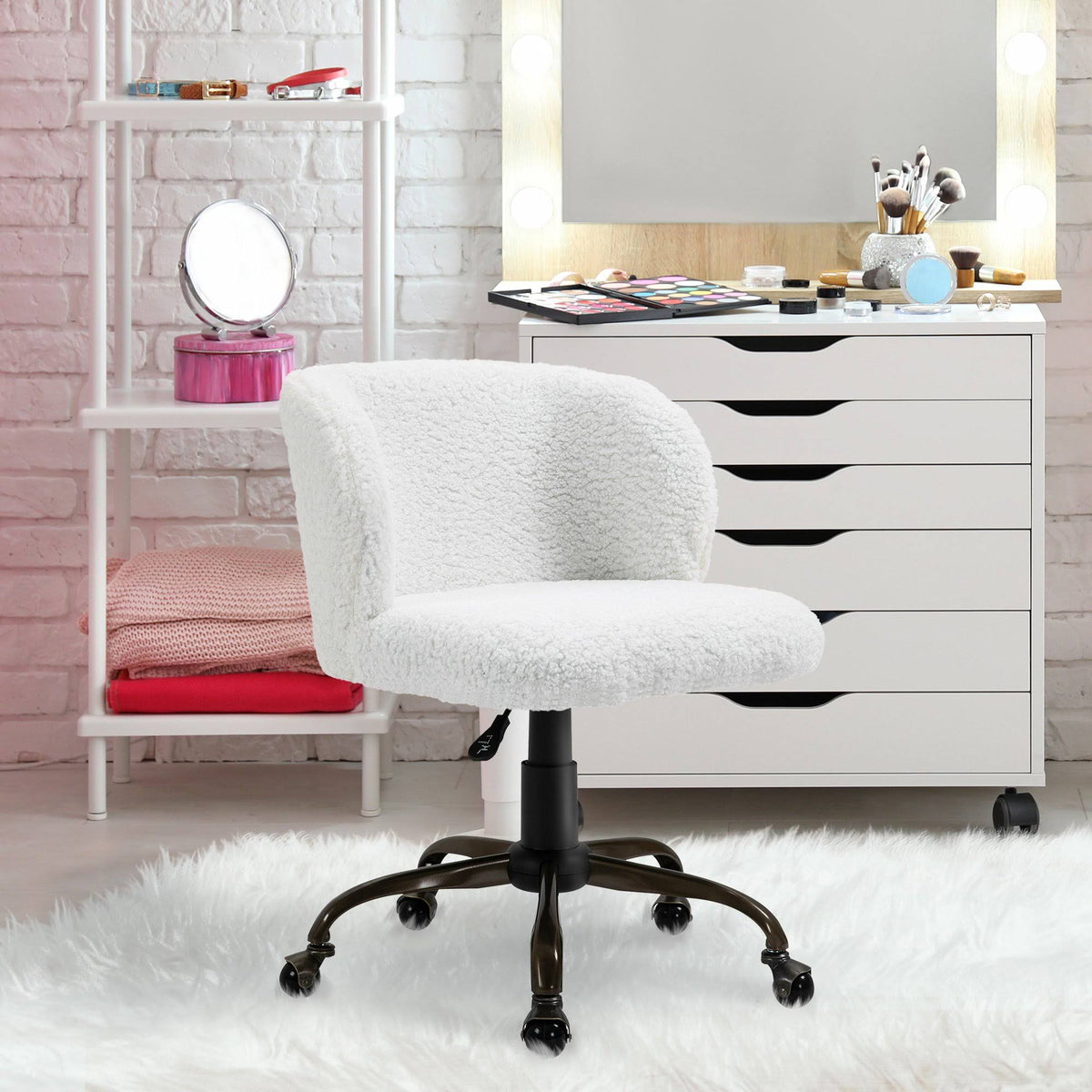 White Swivel Accent Office Chair with Padded Armrests and Adjustable Height O8789