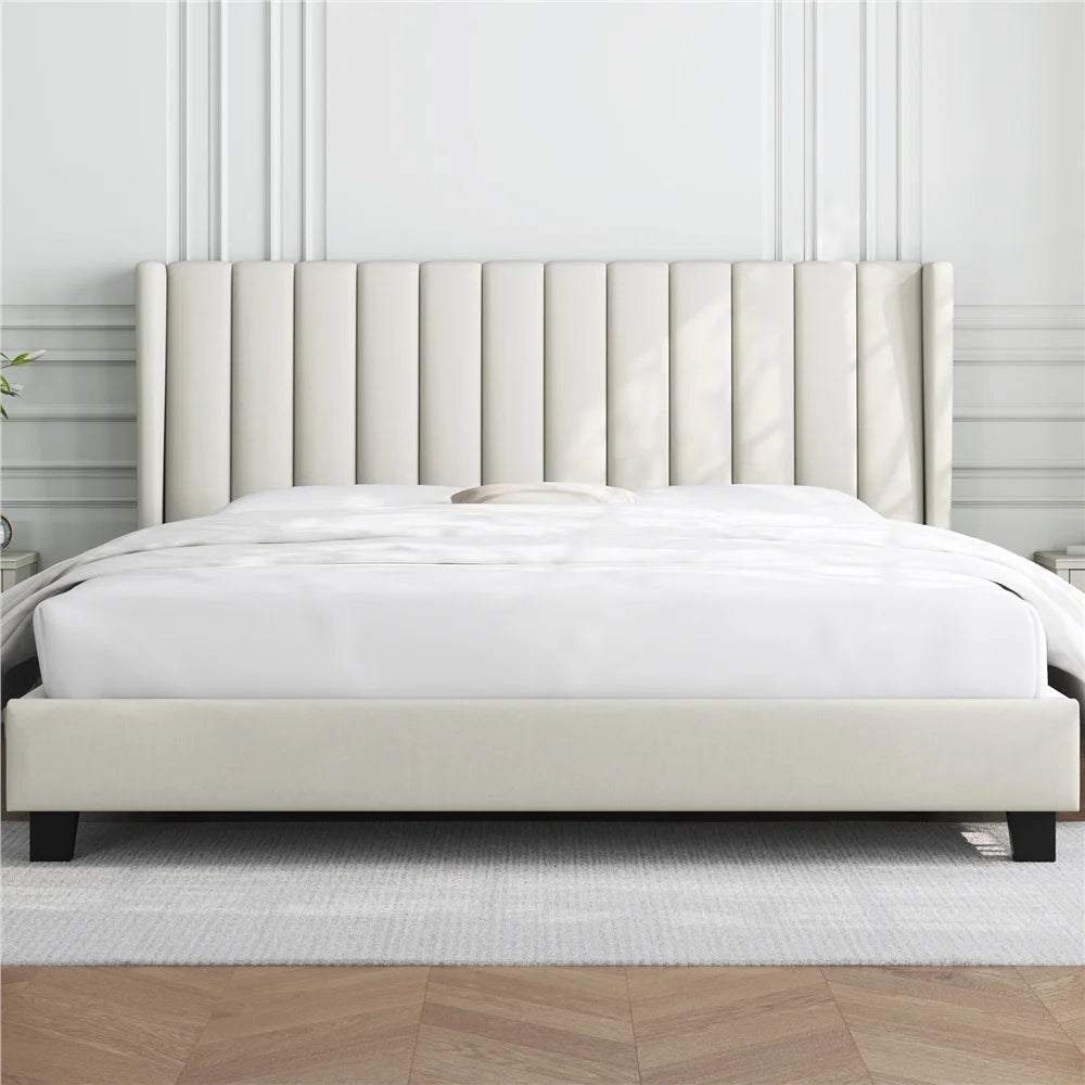 Queen Platform Bed with Upholstered Headboard, Navy Blue F9229
