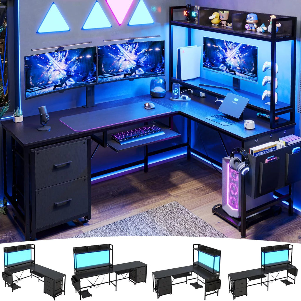 L Shaped Computer Desk with Power Outlet and LED Strip, Black S3306