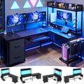 L Shaped Computer Desk with Power Outlet and LED Strip, Black S3306