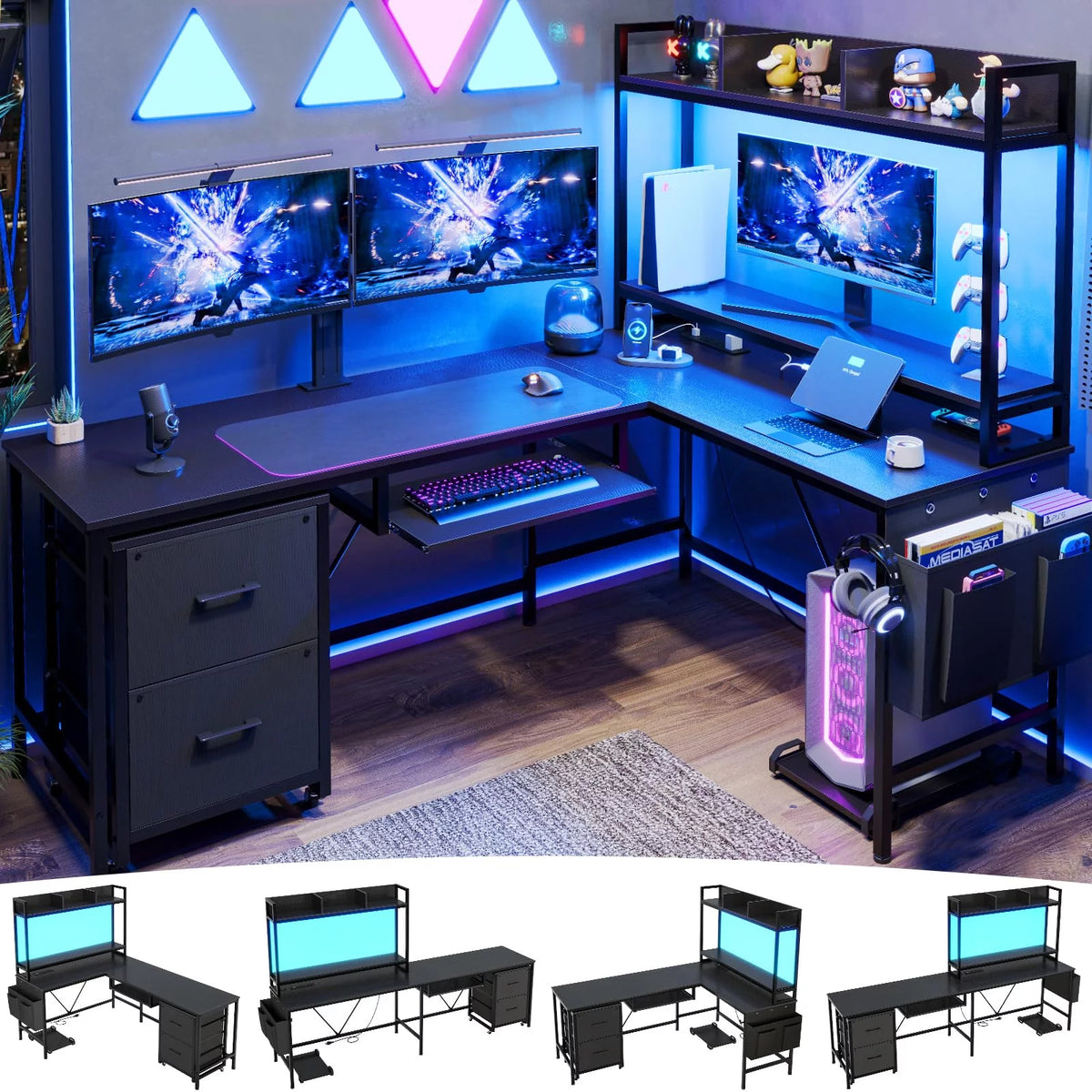 L Shaped Computer Desk with Power Outlet and LED Strip, Black S3306