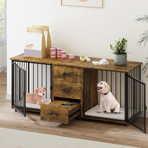 74" Wooden Double Dog Crate Furniture with 2 Feeder Bowls W123