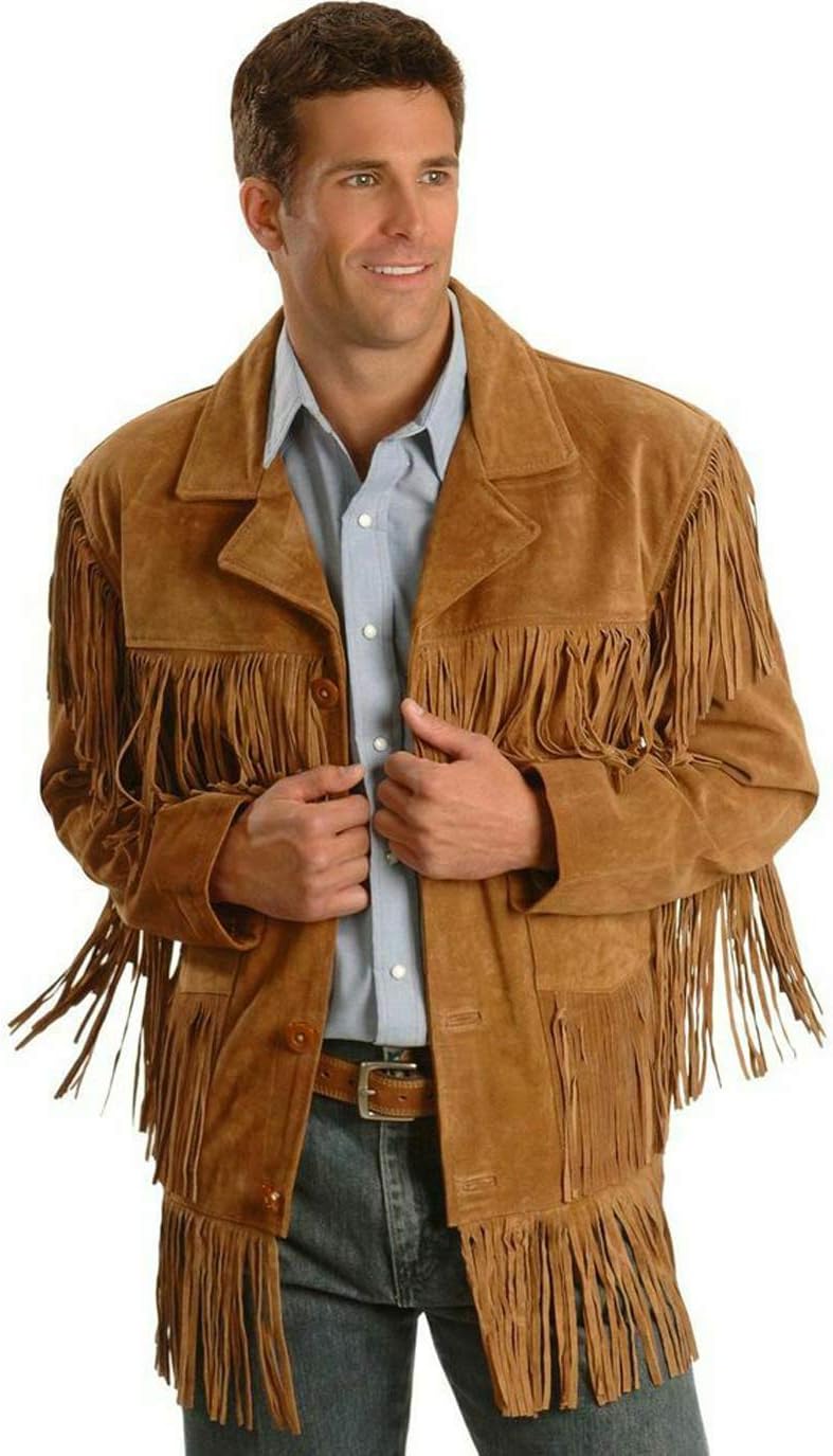 Men's Brown Leather Fringe Suede Jacket Q142