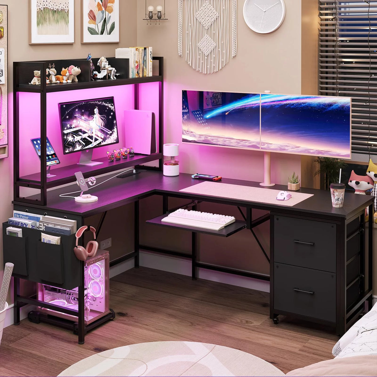 L Shaped Computer Desk with Power Outlet and LED Strip, Black S3306