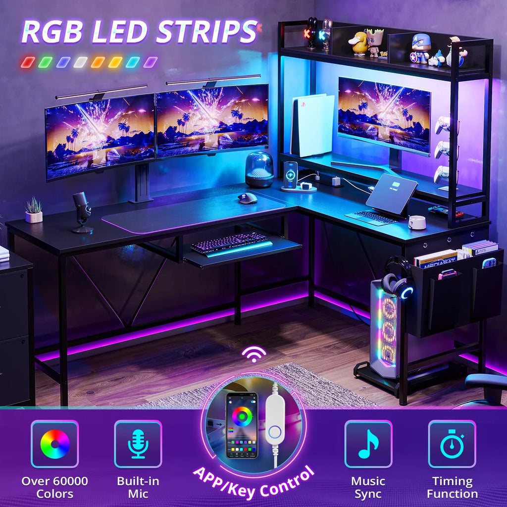 L Shaped Computer Desk with Power Outlet and LED Strip, Black S3306