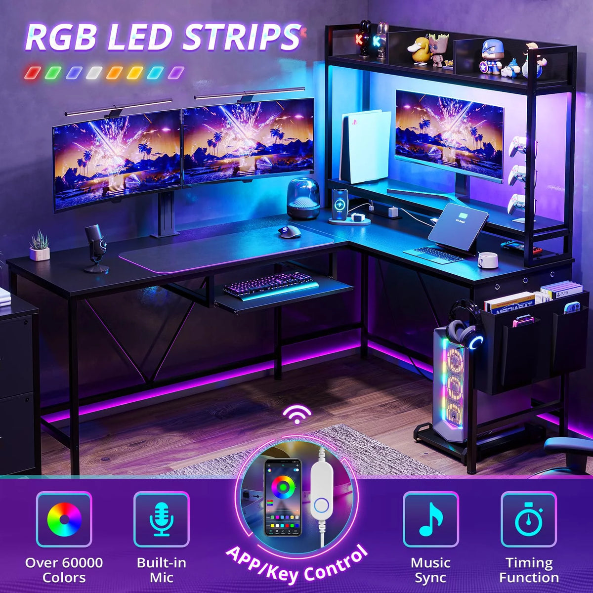 L Shaped Computer Desk with Power Outlet and LED Strip, Black S3306