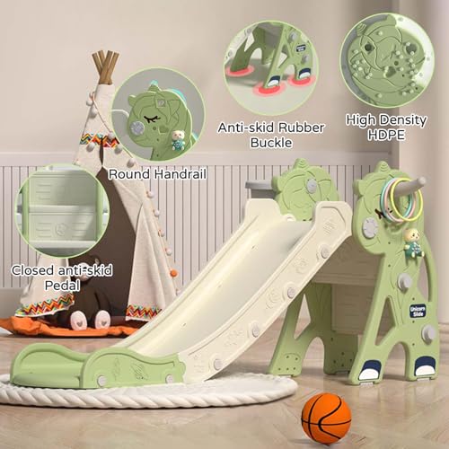 Unicorns-Pink Plastic Toddler Slide with Basketball Hoop & Ring Game A596