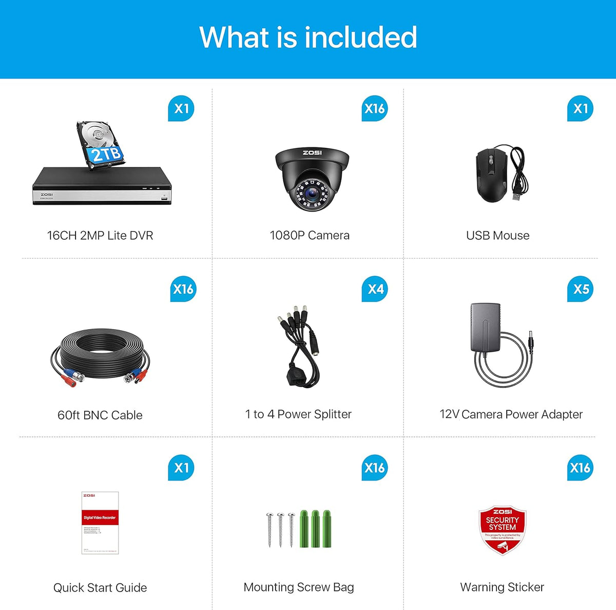 16 Channel 1080p Security Camera System with 2TB Hard Drive and 16 Dome Cameras G566