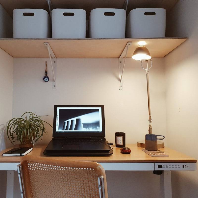 Electric Height Adjustable Standing Desk with Drawer 48 x 24 Inches Red Oak Desktop White Frame U895