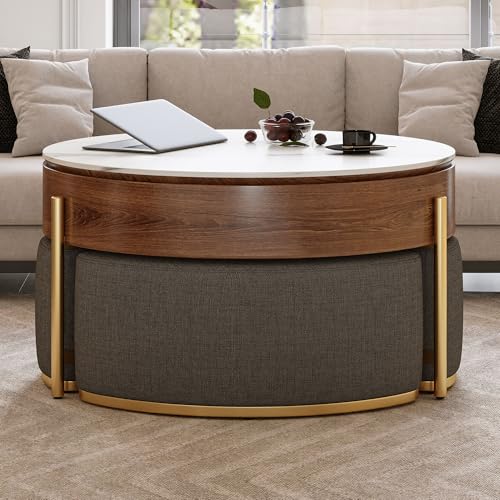 32" Round Lift Top Marble Coffee Table Set with Hidden Storage & Nesting Ottomans H274