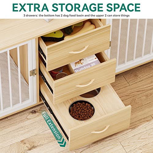 74" Wooden Double Dog Crate Furniture with 2 Feeder Bowls W123