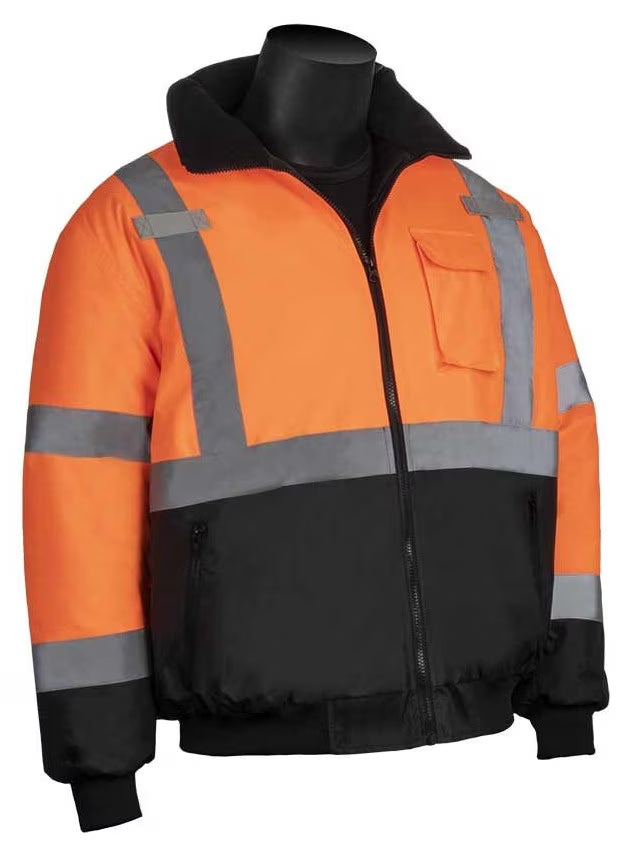 High Visibility Orange Insulated Safety Bomber Winter Work Jacket Coat With Quilted Liner & Black Bottom, Size Large P71481