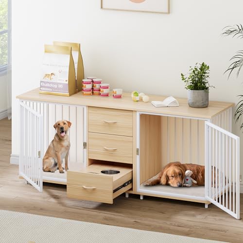 74" Wooden Double Dog Crate Furniture with 2 Feeder Bowls W123