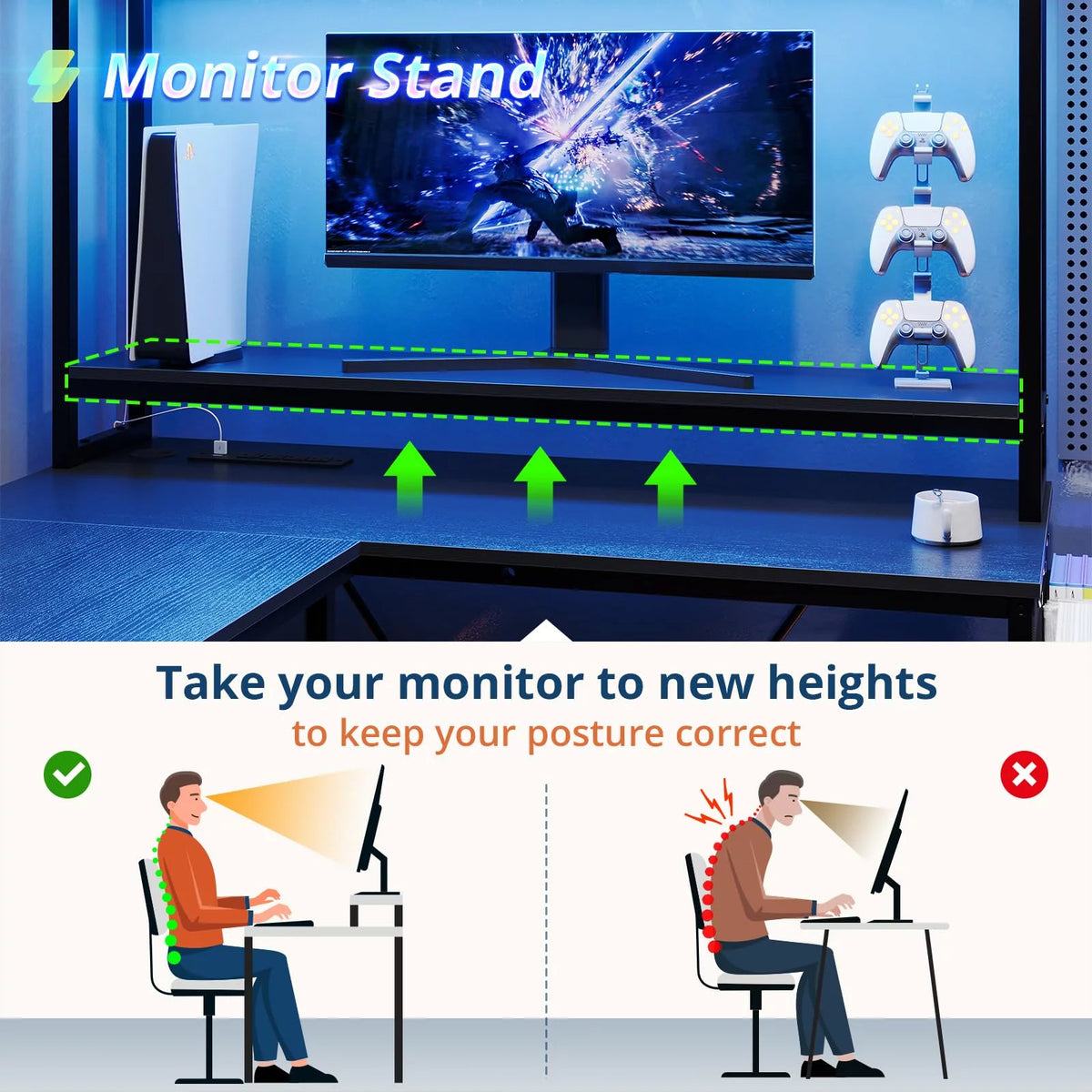 L Shaped Computer Desk with Power Outlet and LED Strip, Black S3306