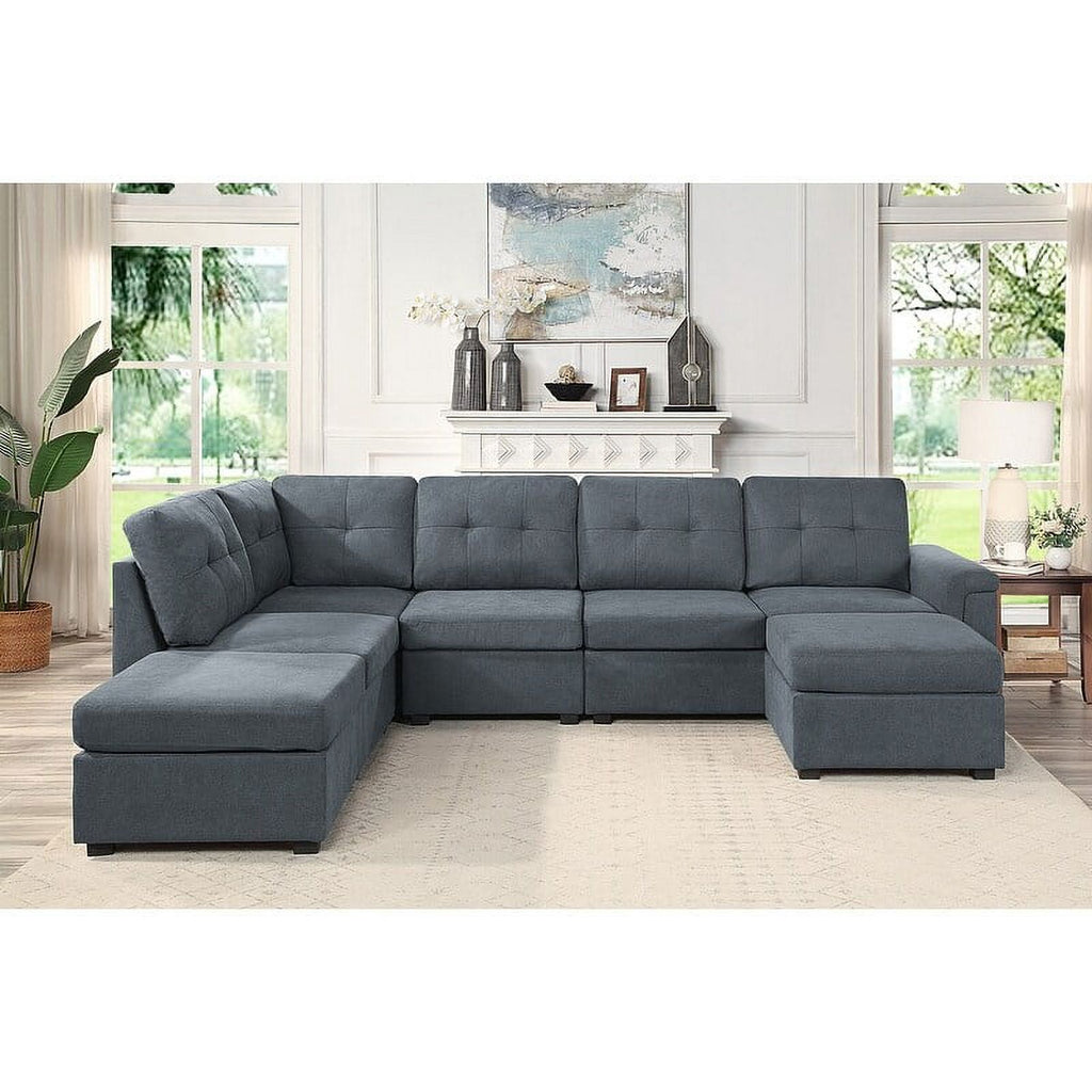 Gray Woven Fabric 7-Seater Sectional Sofa with Ottomans Q9870
