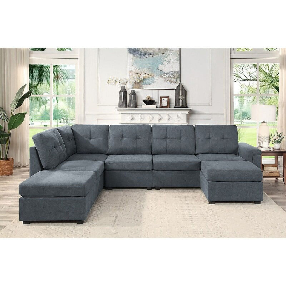 Gray Woven Fabric 7-Seater Sectional Sofa with Ottomans Q9870