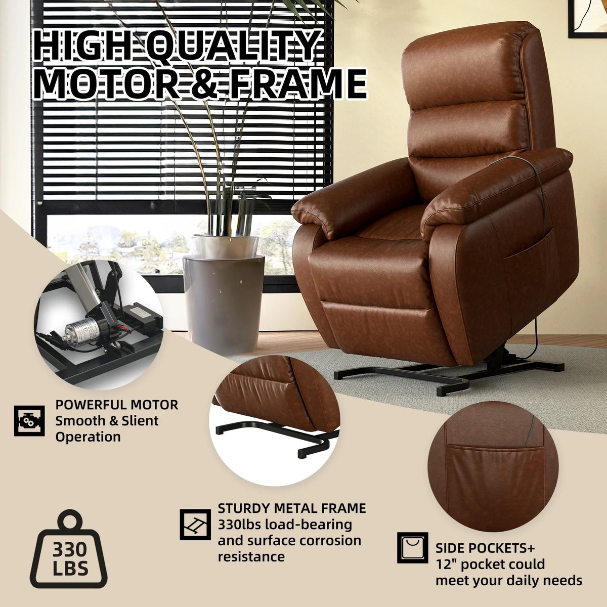 Brown PU Power Lift Recliner with Massage and Heat F21393