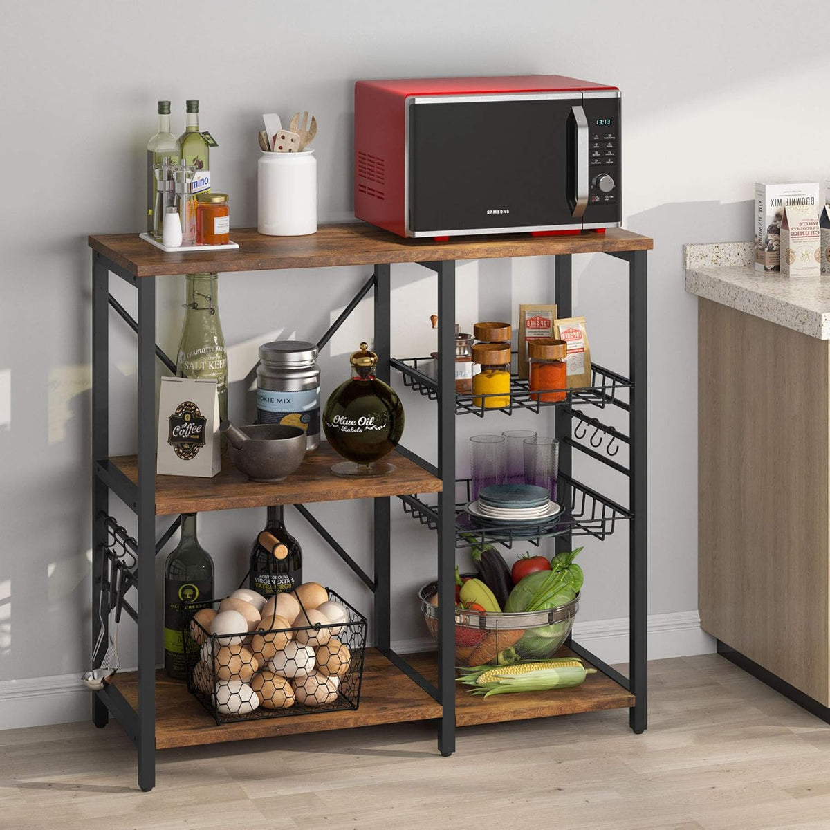 Kitchen Cart Baker’s Rack with Wire Basket and 6 Hooks I79651