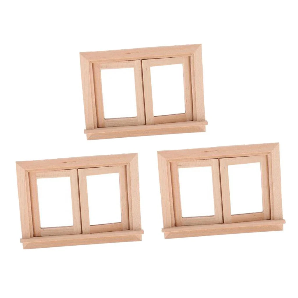 3 Pieces 1/12 Dollhouse DIY Unpainted 2-Pane Window Frame S647