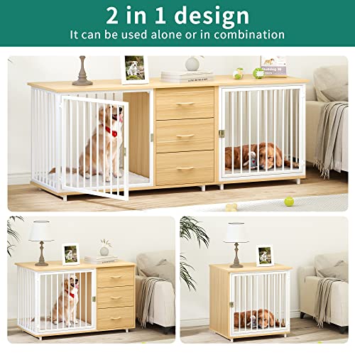 74" Wooden Double Dog Crate Furniture with 2 Feeder Bowls W123