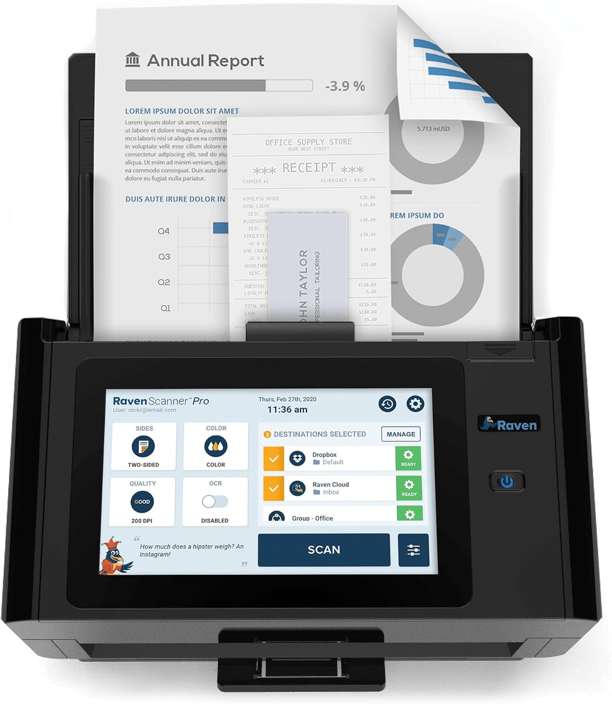 Raven Pro Document Scanner with Touchscreen, Color Duplex Feeder, Wireless, WiFi, Ethernet, USB C561035