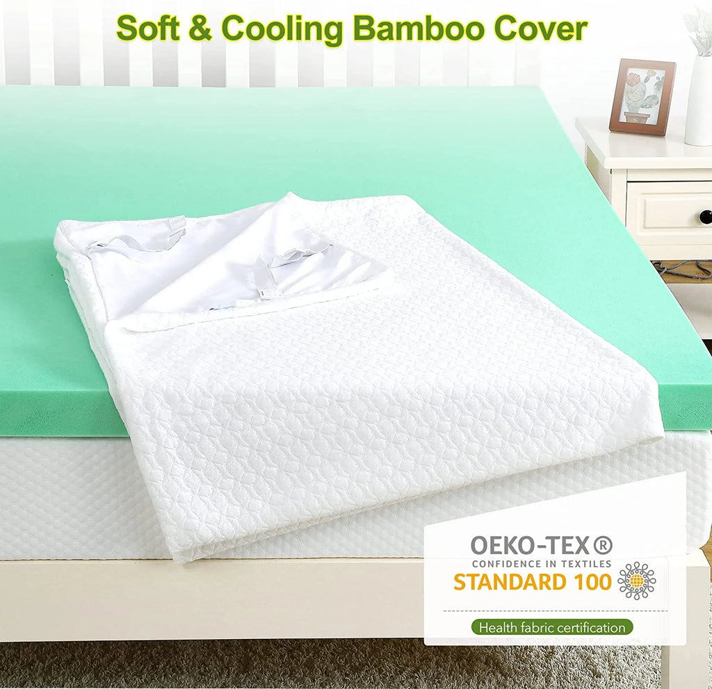 3 Inch Green Tea Memory Foam Mattress Topper with Zippered Bamboo Cover W4538
