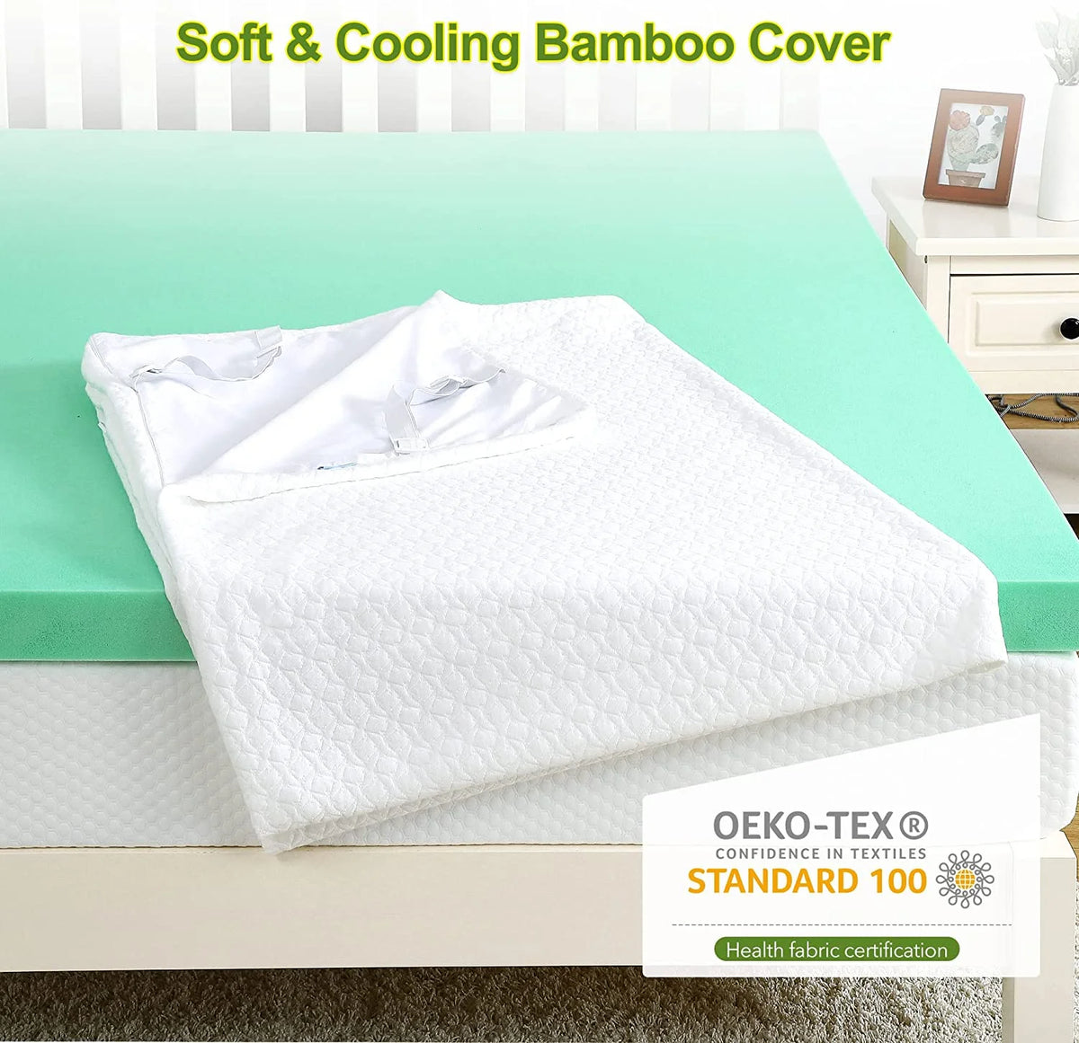 3 Inch Green Tea Memory Foam Mattress Topper with Zippered Bamboo Cover W4538