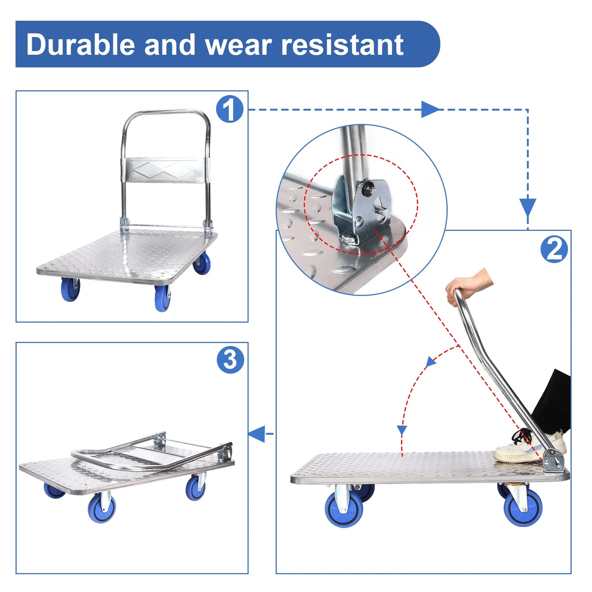 Steel Plate Platform Cart, 2200 lb Capacity, 360 Degree Swivel Wheels, Foldable, 35x22.8x33 Inches F2051