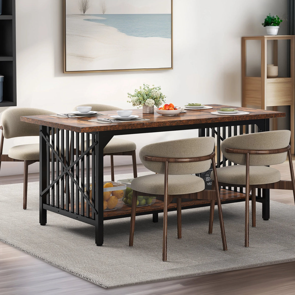 Rustic Brown Industrial Rectangular Wood Dining Table with Storage N65601