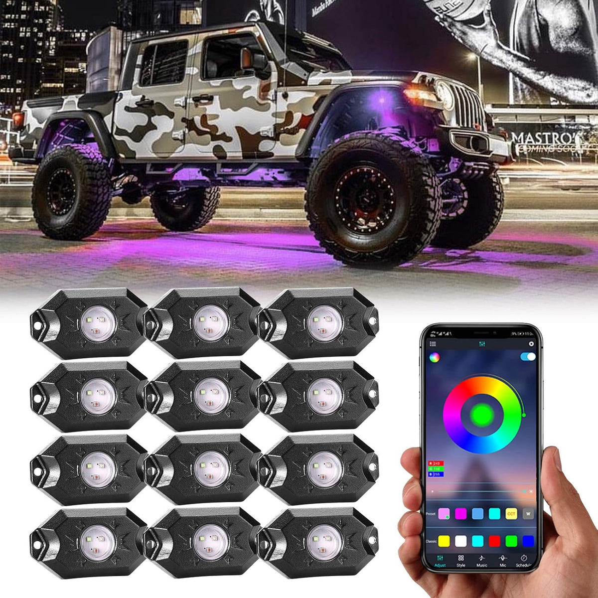 12 Pods Multicolor Waterproof LED Car Light Kit T664