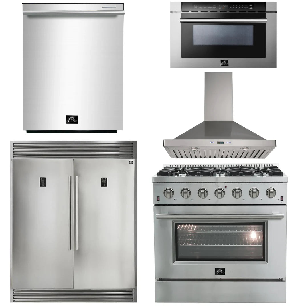 36 Inch Gas Range, Wall Mount Range Hood, Refrigerator, Microwave Drawer, Dishwasher P231