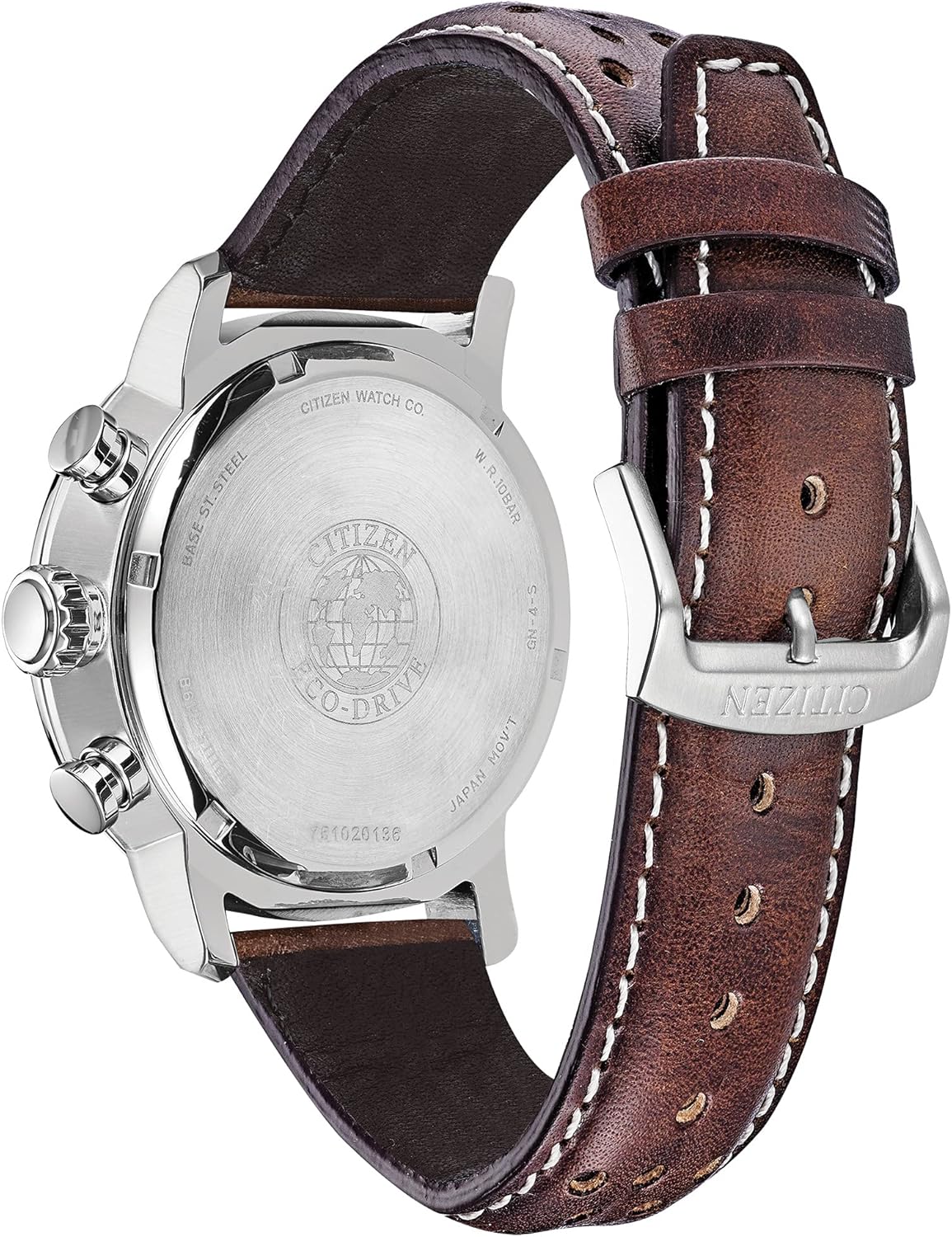 Stainless Steel Brown Leather Strap Blue Dial Chronograph Watch D80734