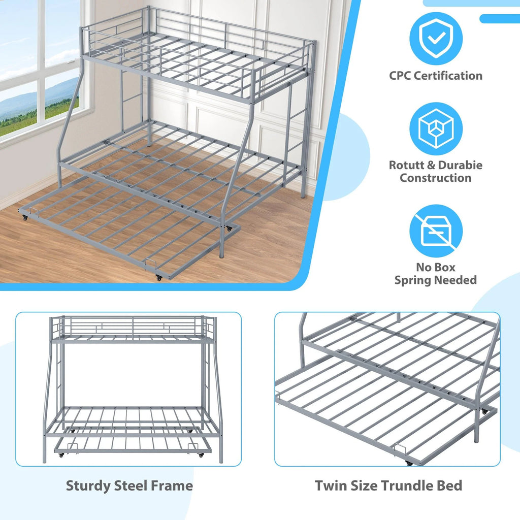 Silver Metal Twin Over Full Bunk Beds with Trundle N729