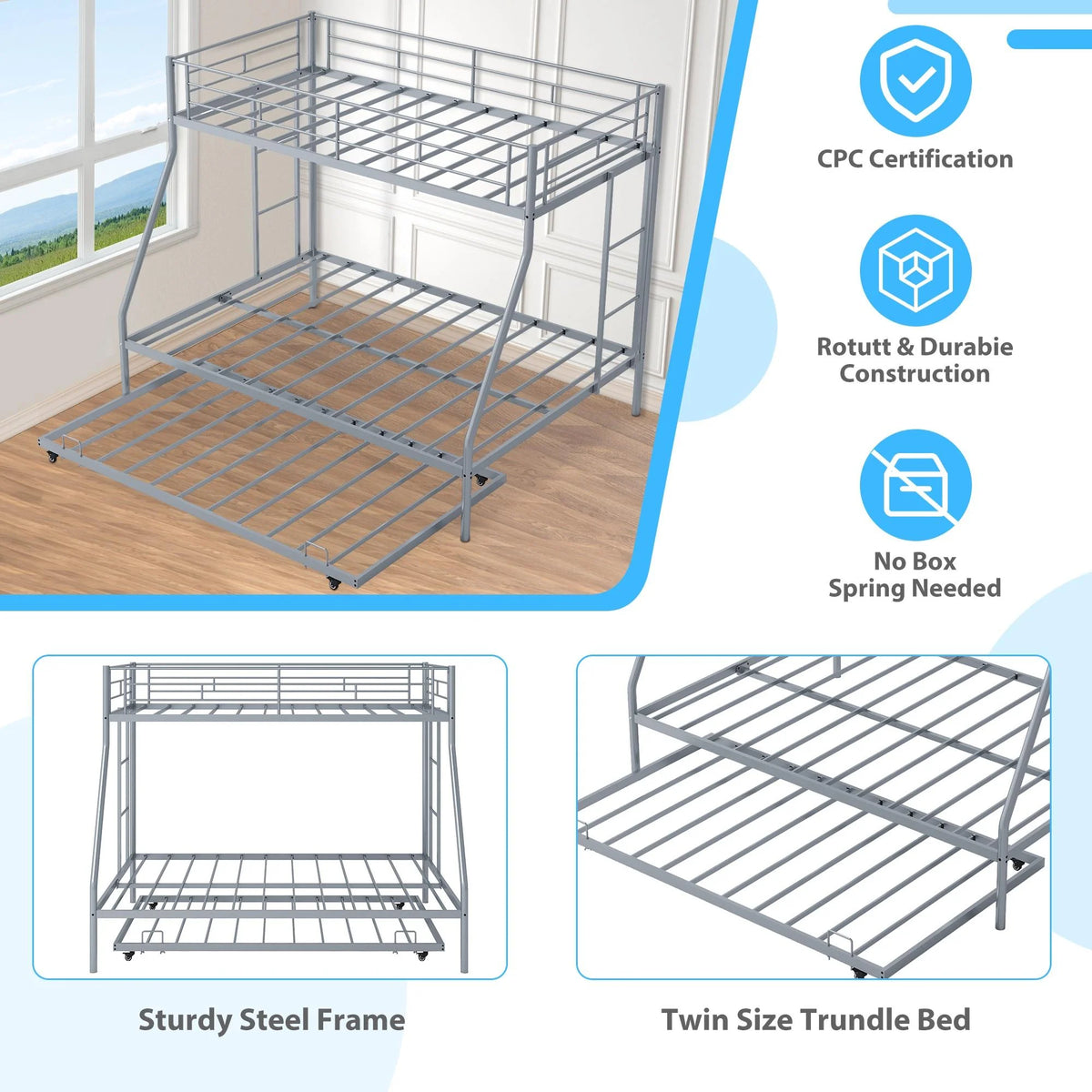 Silver Metal Twin Over Full Bunk Beds with Trundle N729