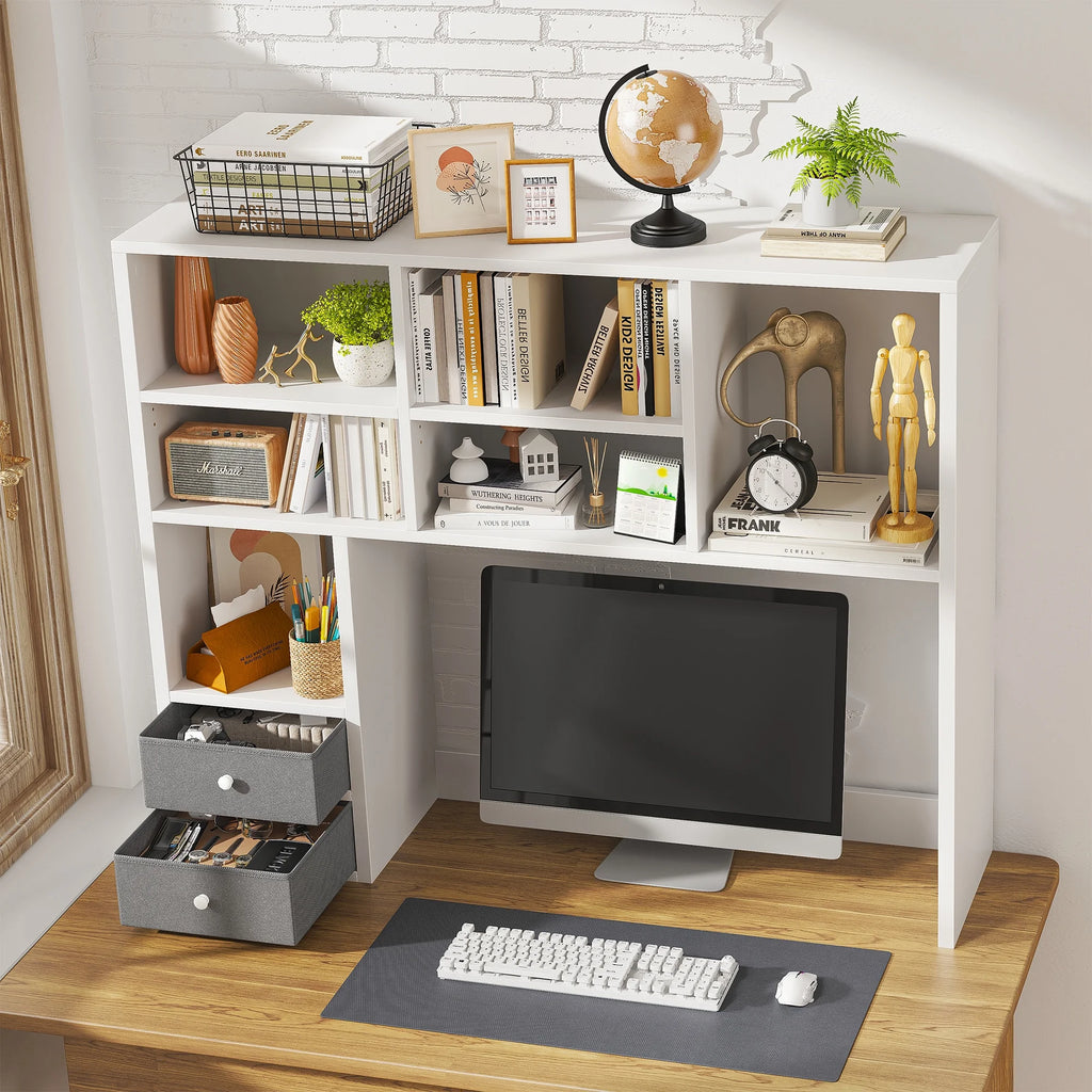 White Wood Desktop Bookshelf with 8 Shelves and 2 Drawers Q612