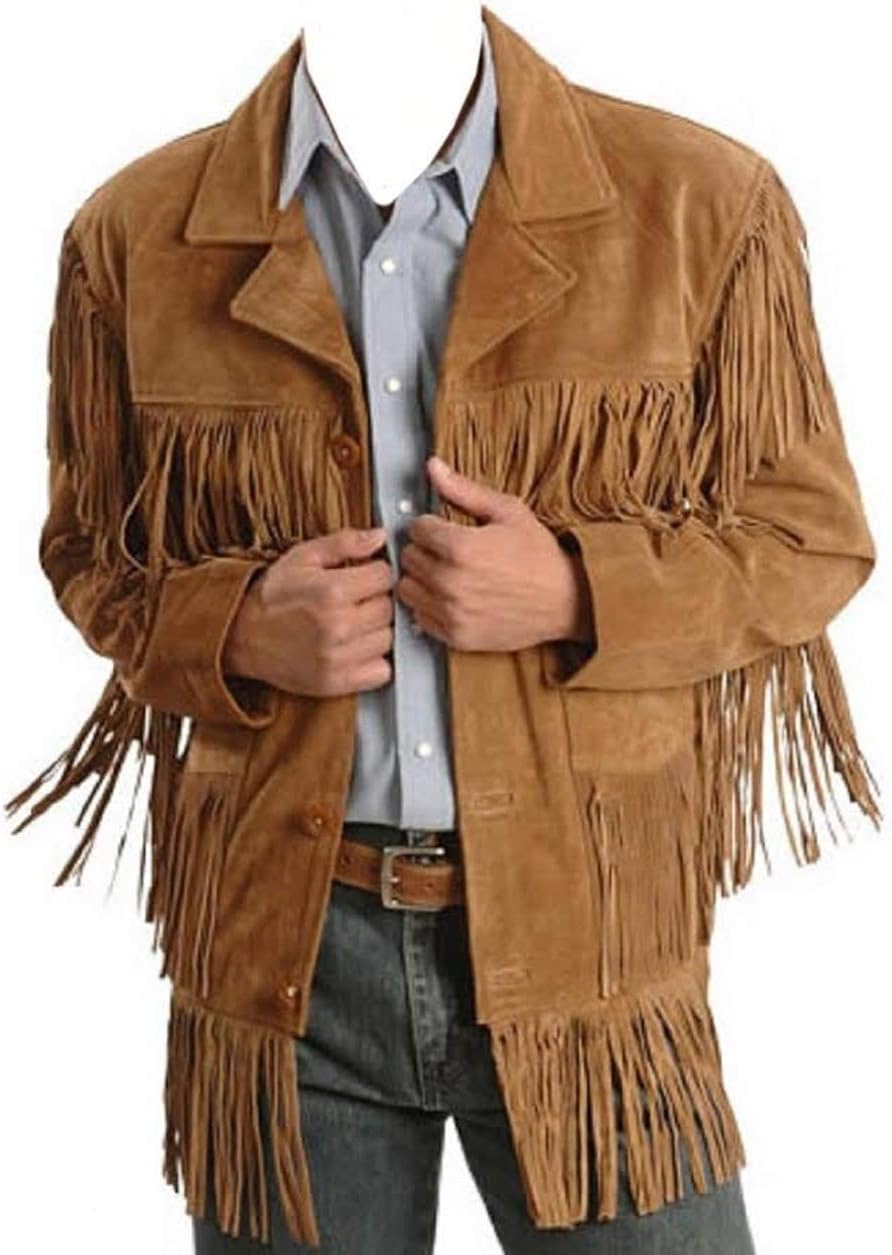 Men's Brown Leather Fringe Suede Jacket Q142