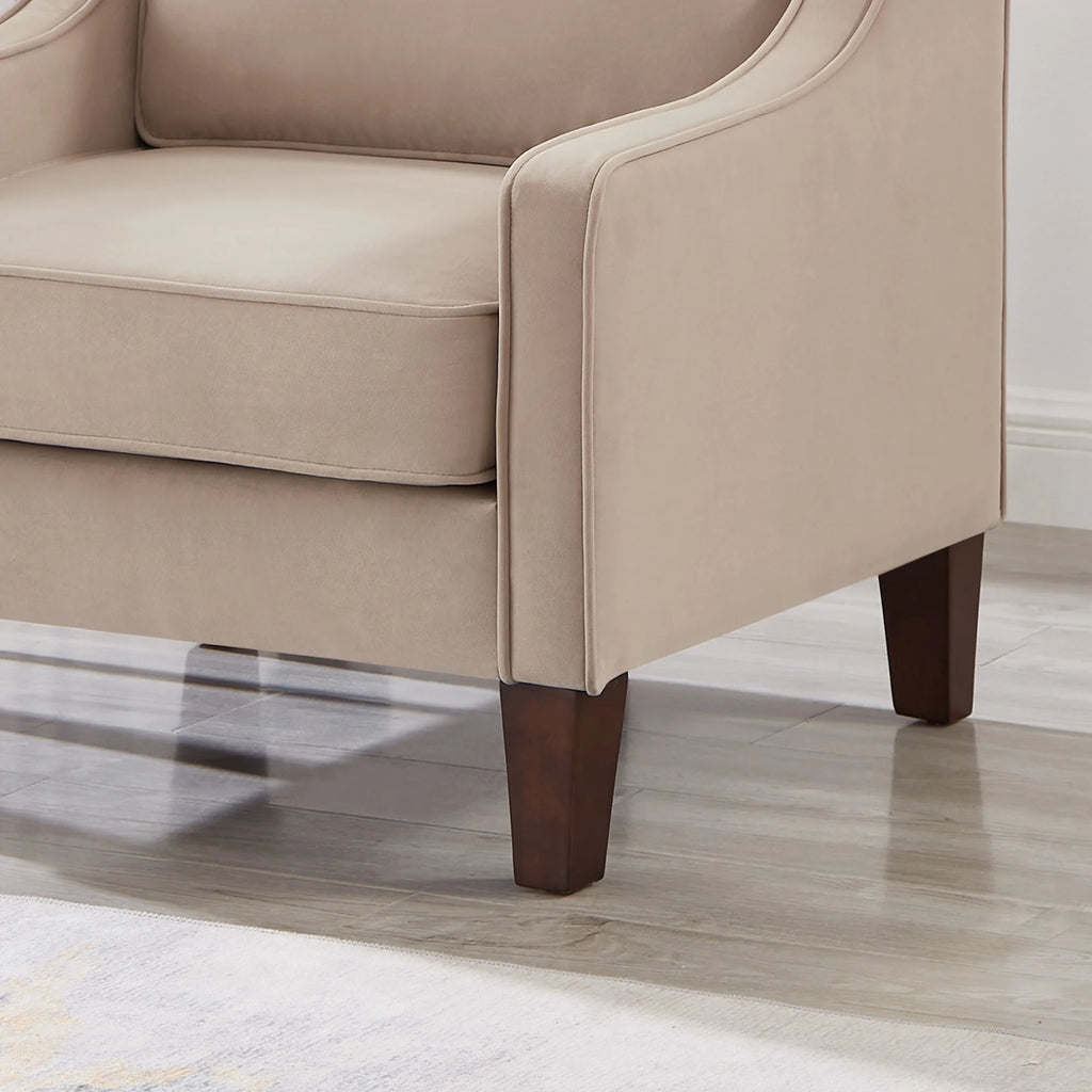 Taupe Velvet Upholstered Armchair with Wooden Legs P5428