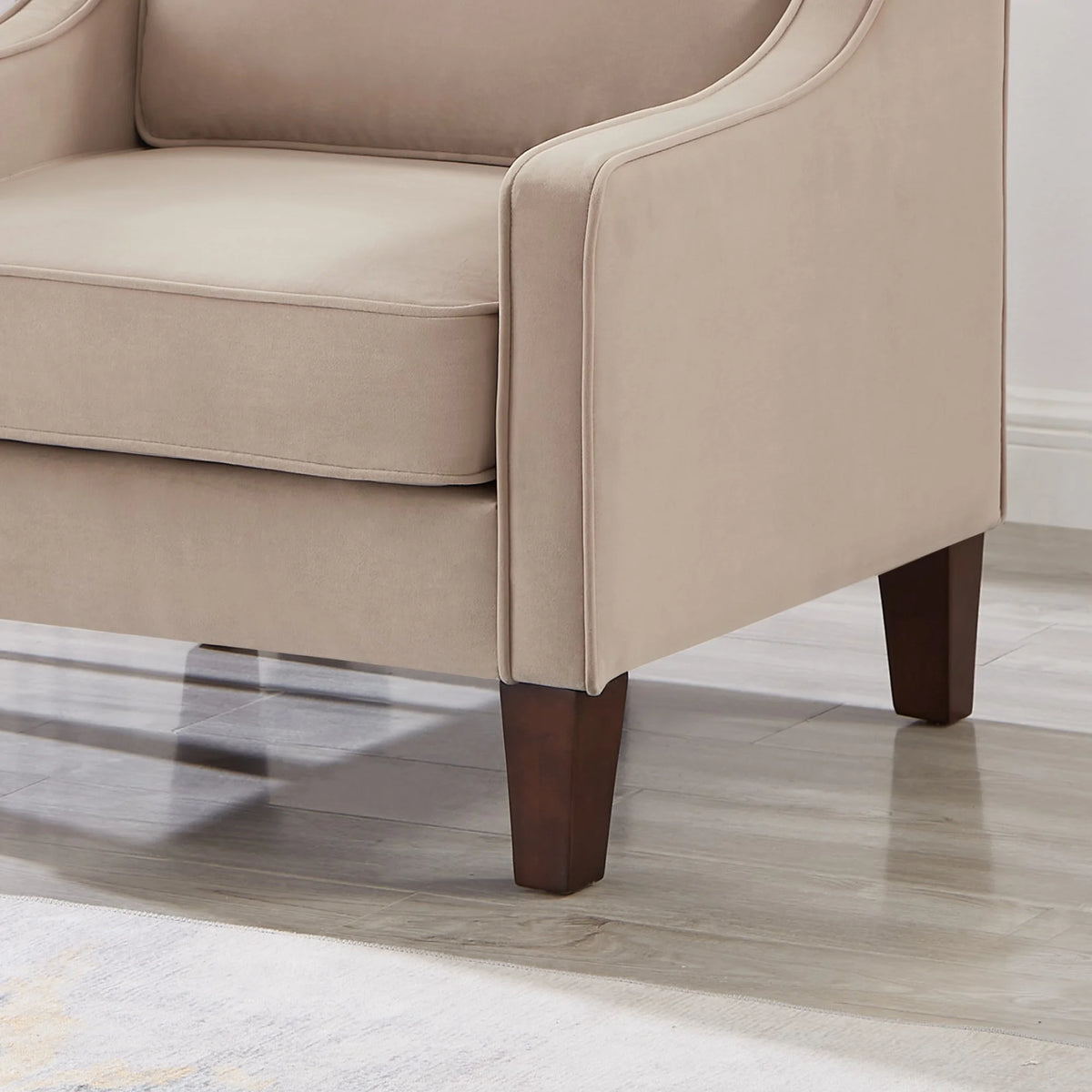 Taupe Velvet Upholstered Armchair with Wooden Legs P5428